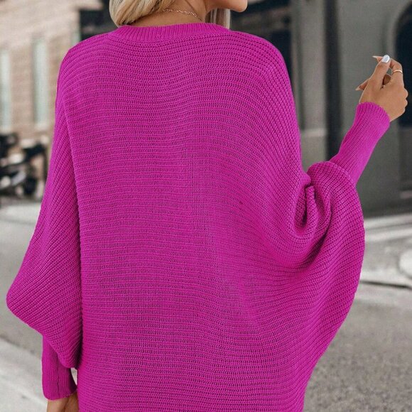 Hot Pink Casual Women's V-Neck Batwing Sleeve Sweater - Picture 2 of 7